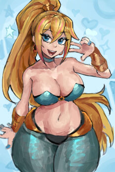 1girl arabian_clothes bandeau bare_shoulders blonde_hair blue_background blue_bandeau blue_collar blue_eyes blue_nails blue_pants blue_tube_top bracer breasts cleavage collar commentary commentary_request cosplay cowboy_shot curvy earrings english_commentary harem_outfit harem_pants heart high_ponytail highres hoop_earrings jewelry large_breasts long_hair looking_at_viewer metroid midriff nail_polish navel nintendo open_mouth pants ponytail saiykik samus_aran shantae shantae_(cosplay) shantae_(series) sidelocks smile solo standing star_(symbol) strapless thick_thighs thighs tube_top v very_long_hair