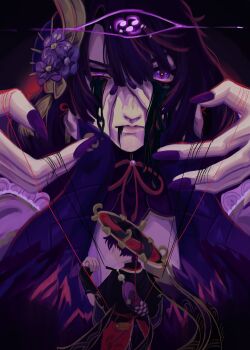 Rule 34 | 1boy, 1girl, alternate costume, blood, blood on face, bloody tears, blunt bangs, bridal gauntlets, chinese knot, close-up, closed mouth, commentary, cracked skin, dual persona, english commentary, faceless, faceless male, fan hair ornament, genshin impact, hair between eyes, hair ornament, hands on another's face, hat, highres, japanese clothes, long hair, looking at viewer, looking down, messy hair, mitsudomoe (shape), mole, mother and son, multicolored eyes, neck ribbon, nicsdoodles, pov, puppet strings, purple eyes, purple hair, purple nails, raiden shogun, red pupils, red ribbon, ribbon, scaramouche (genshin impact), short sleeves, tomoe (symbol), transformation, upper body, wide sleeves