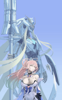 1girl absurdres aemeath_(wuthering_waves) bare_shoulders breasts breasts_apart closed_mouth commentary covered_navel exostrider_(wuthering_waves) hair_intakes highres ino_(kzhu5545) large_breasts leotard long_hair looking_to_the_side pink_hair ponytail smile solo strapless strapless_leotard tacet_mark_(wuthering_waves) white_leotard wide_shot wuthering_waves yellow_eyes