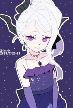 Rule 34 | 1girl, bare shoulders, blue archive, closed mouth, collarbone, commentary request, demon horns, double-parted bangs, dress, earrings, elbow gloves, gloves, highres, hina (blue archive), hina (dress) (blue archive), horns, jewelry, long hair, looking at viewer, necklace, official alternate costume, official alternate hairstyle, pixel art, purple background, purple dress, purple eyes, purple gloves, slmnk10124, solo, split mouth, strapless, strapless dress, upper body, white hair