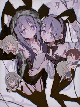 &gt;_&lt; 2boys 2girls 2mai84 :o animal_ear_hairband animal_ears black_bow black_bowtie black_garter_straps black_hairband black_leotard black_pantyhose black_thighhighs blue_eyes blue_hair book bow bowtie brown_hair chibi chibi_inset fake_animal_ears garter_straps grey_hair hair_between_eyes hair_ornament hairband hairclip highres holding holding_book jewelry leotard long_hair long_sleeves looking_at_viewer multiple_boys multiple_girls necklace onii-chan_wa_oshimai! open_clothes open_mouth open_shirt pantyhose penis playboy_bunny rabbit_ears sakurada_yuuta senkawa_minato shiori_(onimai) shirt short_hair siblings sisters small_penis smile tachikawa_aoi thigh_gap thighband_pantyhose thighhighs white_shirt