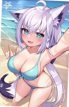 1girl ahoge animal_ear_fluff animal_ears aqua_eyes bikini blush braid breasts cleavage deaver fox_ears fox_girl fox_tail hair_between_eyes halterneck highres hololive large_breasts long_hair looking_at_viewer open_mouth purple_hair shirakami_fubuki shirakami_fubuki_(hololive_summer_2019) sidelocks single_braid smile solo string_bikini swimsuit tail virtual_youtuber white_hair