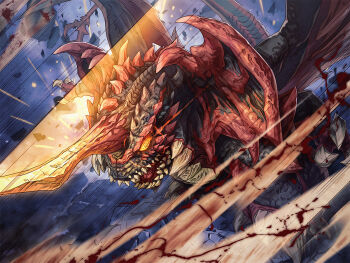 Rule 34 | blood, claws, crest, destoroyah, epic, flying, glowing, glowing eyes, glowing horns, godzilla (series), godzilla vs. destoroyah, horns, kaiju, motion blur, no humans, pincers, single horn, tail, toho, tusks, wings, yagi2013, yellow eyes