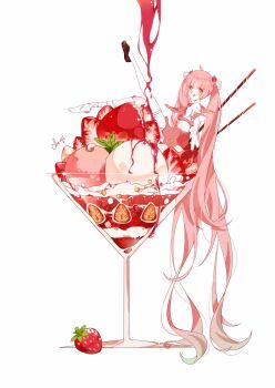 1girl :q absurdly_long_hair absurdres ahoge brown_shoes cheryl_qaq closed_mouth cropped_shirt dripping eyelashes food food-themed_hair_ornament fruit full_body hair_between_eyes hair_ornament hair_ribbon happy hatsune_miku highres ice_cream loafers long_hair looking_at_viewer midriff miniskirt neckerchief on_food outstretched_leg oversized_food oversized_object parfait pink_eyes pink_hair pink_neckerchief pink_sailor_collar pink_skirt pleated_skirt ribbon sailor_collar sakura_miku shirt shoes short_sleeves simple_background single_shoe sitting skirt smile solo strawberry strawberry_hair_ornament strawberry_parfait strawberry_slice strawberry_syrup thighhighs tongue tongue_out torn_clothes torn_socks twintails very_long_hair vocaloid wavy_hair white_background white_ribbon white_shirt white_thighhighs