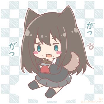 1girl animal_ears black_hair black_jacket black_socks blue_eyes blush candy checkered_background chibi chocolate chocolate_bar collared_shirt dog_ears dog_girl dog_tail food highres holding holding_food idolmaster idolmaster_cinderella_girls jacket kemonomimi_mode long_hair long_sleeves mitarashi_neko no_shoes puffy_long_sleeves puffy_sleeves shadow shibuya_rin shirt sitting socks solo tail translation_request very_long_hair white_shirt