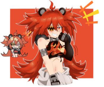 1girl absurdres ahoge animal_ears bare_shoulders bear_ears black_gloves breasts crop_top eyepatch fake_animal_ears fingerless_gloves gloves hair_between_eyes hair_ornament highres koleda_belobog long_hair looking_at_viewer meme midriff muhammadreed navel original pants red_eyes red_hair solo sphere_hair_ornament twintails zenless_zone_zero zenless_zone_zero_sticker_redraw_(meme)