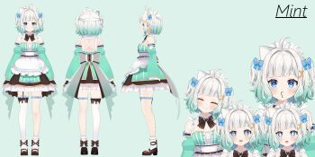 1girl 3d @_@ absurdres aqua_background aqua_dress aqua_hair asymmetrical_legwear black_bow black_bowtie black_footwear blue_bow blue_eyes bow bowtie character_name reference_sheet closed_eyes detached_sleeves dress fgr_vr full_body gradient_hair highres indie_virtual_youtuber looking_at_viewer maid_headdress medium_hair mint_fantome mint_fantome_(minto_2.0) multicolored_hair multiple_views official_art open_mouth smile triangular_headpiece two_side_up virtual_youtuber white_hair