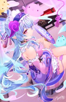 1girl absurdres almanju aqua_hair bell choker detached_sleeves fingernails frilled_hairband frills genshin_impact hairband hand_fan highres holding holding_fan indoors japanese_clothes kimono long_hair nail_polish neck_bell nihongami pink_kimono pink_nails pink_pupils pointy_ears purple_eyes short_kimono sitting sleeveless sleeveless_kimono smile stool tail tail_around_own_leg tapir_tail wide_sleeves yumemizuki_mizuki