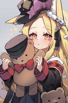 1girl animal animal_ear_fluff animal_ears animal_on_head armband black_coat black_dress black_skirt blonde_hair blue_archive bow bowtie coat cosplay dress flower forehead fox_ears fox_girl fox_tail frilled_skirt frills grey_background hair_ornament halo hat hat_ribbon highres holding holding_stuffed_toy ibuki_(blue_archive) ibuki_(blue_archive)_(cosplay) long_hair long_sleeves looking_at_viewer miya_(miyaruta) on_head open_mouth orange_eyes pandemonium_society_(blue_archive) parted_bangs parted_lips peaked_cap pink_ribbon red_armband red_ribbon ribbon school_uniform seia_(blue_archive) shirt side_ponytail simple_background single_ear_down skirt sleeves_past_wrists solo sparkle stuffed_animal stuffed_toy tail teddy_bear upper_body very_long_hair white_flower white_shirt yellow_halo