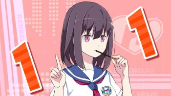 1girl black_hair commentary_request eating food hair_ornament haru_(henkei_shoujo) henkei_shoujo holding holding_food looking_at_viewer official_art pink_eyes pocky sailor school_uniform serafuku solo upper_body white_serafuku