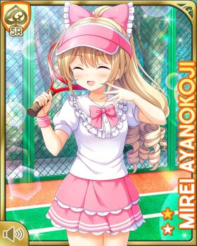 Rule 34 | 1girl, ayanokoji mirei, ball, blonde hair, blouse, bow, card, character name, closed eyes, curly hair, dress, drill hair, female focus, frilled dress, frilled skirt, frills, girlfriend (kari), hair ornament, holding, laughing, long hair, official art, open mouth, ouju, outdoors, pink bow, pink skirt, purple eyes, qp:flapper, racket, ringlets, shirt, shoes, skirt, smile, solo, sportswear, standing, tagme, tennis ball, tennis court, tennis racket, tennis uniform, very long hair, white legwear, white shirt