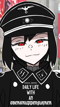 1girl artist_name black_hair black_hat blush commentary cover english_commentary german_text hat highres koalakanru military_uniform nazi original photo_background portrait red_eyes reichsadler short_hair solo ss_insignia ss_uniform sven_hoffmann swastika waffen-ss world_war_ii