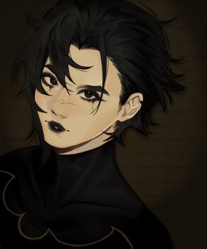 1girl batgirl batman_symbol black_bodysuit black_eyeliner black_eyes black_hair black_lips bodysuit cassandra_cain cielink_peach closed_mouth commentary dc_comics english_commentary eyeliner highres looking_at_viewer makeup no_mask runny_makeup short_hair solo superhero_costume