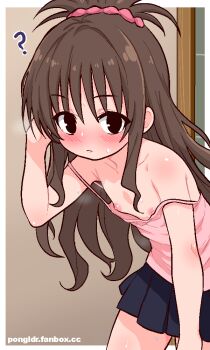 1girl ? black_eyes blue_skirt blush brown_hair camisole closed_mouth commentary eavesdropping flat_chest hair_ornament leaning_forward loli long_hair looking_at_viewer miniskirt nipples pink_camisole pleated_skirt pongldr skirt solo strap_slip to_love-ru yuuki_mikan