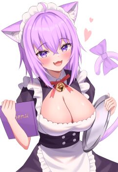 1girl absurdres apron bell black_dress blush breasts cleavage dress frilled_apron frills highres holding holding_menu holding_tray hololive jingle_bell kumoru_(kumoru_145) large_breasts looking_at_viewer maid maid_apron maid_headdress medium_hair menu neck_bell nekomata_okayu open_mouth puffy_sleeves purple_eyes purple_hair simple_background smile solo symbol-shaped_pupils tray upper_body virtual_youtuber white_apron white_background wrist_cuffs
