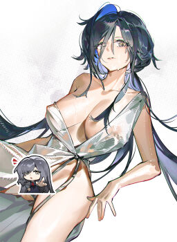 1girl angelia_(girls&#039;_frontline) black_hair blue_hair blueblossom breasts censored cleavage colored_inner_hair commentary dress english_commentary evening_gown girls&#039;_frontline grey_eyes highres large_breasts long_hair lying multicolored_hair on_back parted_lips simple_background strap_slip sweat very_long_hair white_background