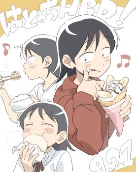 Rule 34 | 1girl, :q, ^ ^, banana, banana slice, beamed eighth notes, black eyes, black hair, blowing, bowl, brown hoodie, character name, chocolate syrup, chopsticks, closed eyes, commentary, cream, cream on face, crepe, eating, eighth note, food, food on face, fruit, futsuu no keion-bu, happy birthday, hatono chihiro, highres, holding, holding bowl, holding chopsticks, holding crepe, holding food, hood, hoodie, maha (hiz 55), multiple views, musical note, neck ribbon, ribbon, rice bowl, shirt, short hair, small pupils, steamed bun, t-shirt, tongue, tongue out, upper body, whipped cream, white shirt