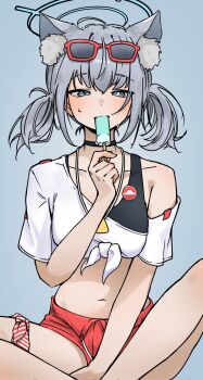 1girl alternate_costume alternate_hairstyle animal_ear_fluff animal_ears bikini bikini_top_only black_bikini black_choker blue_archive blue_eyes blush breasts choker commentary crop_top english_commentary eyewear_on_head food front-tie_top grey_hair guwall hair_between_eyes halo highres looking_at_viewer medium_breasts mismatched_pupils popsicle red_shorts shiroko_(blue_archive) shirt short_shorts short_sleeves shorts single_bare_shoulder sitting solo sunglasses sweat swimsuit twintails white_shirt