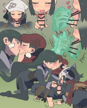 1boy 2girls absurdres akari_(pokemon) bar_censor black_eyes black_hair brown_eyes censored commentary_request commission cum ejaculation fellatio ffm_threesome galaxy_expedition_team_survey_corps_uniform group_sex headscarf highres kinni kiss loli long_hair multiple_girls nintendo oral penis pixiv_commission pokemon pokemon_legends:_arceus ponytail projectile_cum rei_(pokemon) restrained sabrina_(pokemon) short_hair shota threesome