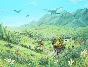 1boy 1girl 90n_pacos annette_(pixiv_fantasia_last_saga) basket bedroll black_hairband blue_sky brown_hair day dragon dress elliot_(pixiv_fantasia_last_saga) field flower green_dress green_headwear hairband hat hat_feather highres horse house insect_wings instrument landscape lute_(instrument) mountain outdoors pixiv_fantasia pixiv_fantasia_last_saga rabbit saddle sky standing well white_hair wings