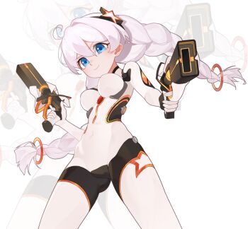 >:) 1girl ahoge bodysuit braid closed_mouth commentary_request covered_groin covered_navel dual_wielding finger_on_trigger grey_hair gun hair_between_eyes hair_ornament highres holding holding_gun holding_weapon honkai_(series) honkai_impact_3rd kiana_kaslana kiana_kaslana_(white_comet) long_hair looking_at_viewer low_twintails mi_si_lei_da_ke single_hair_intake smile solo star_(symbol) star_hair_ornament twin_braids twintails v-shaped_eyebrows very_long_hair weapon white_bodysuit zoom_layer