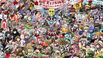 6+boys 6+girls ahoge animal_costume animal_ears annotation_request arrow_(projectile) ball baseball_cap beard beer_can bird black-framed_eyewear black_hair blonde_hair blue_hair bow bow_(weapon) bowl box boxing_gloves brown_hair cake can cat character_request chopsticks closed_eyes coin commentary_request controller copyright_request crescent crescent_hair_ornament crossover crown dragon drink_can drink_carton duck facial_hair fingerless_gloves food fruit fujiwara_chika game_controller ghost gift gift_box gloves green_eyes grin gun hair_bow hair_ornament handgun hat highres holding holding_bow_(weapon) holding_chopsticks holding_controller holding_game_controller holding_gun holding_wand holding_weapon japanese_clothes japanese_flag kaguya-sama_wa_kokurasetai_~tensai-tachi_no_renai_zunousen~ leaf mask mayonnaise_bottle microphone milk_carton mini_flag mini_person miniboy minigirl monkey multiple_boys multiple_crossover multiple_girls mustache one_eye_closed open_mouth panties papyrus_(undertale) peanuts-kun pink_hair purple_eyes purple_hair rabbit_costume red_hair rice_bowl shorts smile snake soccer_ball spring_onion strawberry sunglasses super_bunny_man sushi target tears the_milkmaid thumbs_up tongue tongue_out translation_request tree_hair_ornament tsuchiyamashige turtle underwear unworn_panties utdr_(toby_fox) wand watermelon watermelon_slice weapon wizard_hat