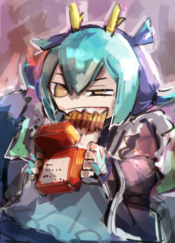 1girl apron biting blue_hair blue_kimono dragon_girl dragon_horns duel_monster eating food hatano_kiyoshi highres horns japanese_clothes kimono laundry_dragonmaid maid maid_apron pocky sharp_teeth solo teeth wa_maid yellow_eyes you're_doing_it_wrong yu-gi-oh!