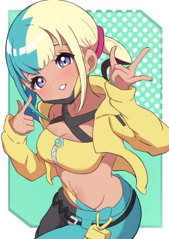 1girl absurdres aqua_background aqua_hair aqua_nails aqua_pants bandeau black_hair black_mask black_pants blonde_hair blue_eyes blush breasts canari_(pokemon) cleavage commentary dark-skinned_female dark_skin fingernails highres jacket long_sleeves looking_at_viewer mask mask_pull medium_breasts mouth_mask multicolored_hair nail_polish navel nintendo pants pokemon polka_dot polka_dot_background rono_(lethys) smile solo two-tone_mask two-tone_pants yellow_bandeau yellow_jacket yellow_mask