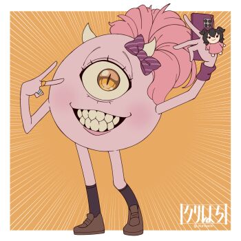 absurdres black_socks bow brown_footwear cellphone colored_skin cyclops emphasis_lines grin highres holding holding_phone horns idolmaster idolmaster_cinderella_girls jewelry jougasaki_mika kneehighs kurihachi looking_at_viewer mike_wazowski monster monsters_inc. name_connection one-eyed parody phone pink_hair pink_skin pun ring selfie sharp_teeth slit_pupils smartphone smile socks solo standing teeth v what yellow_eyes