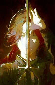 1girl absurdres blue_eyes brown_background clair_obscur:_expedition_33 highres holding holding_sword holding_weapon long_hair looking_at_viewer maelle_(clair_obscur:_expedition_33) painterly parted_bangs portrait red_hair solo sorrowny straight-on sword sword_in_front_of_face weapon