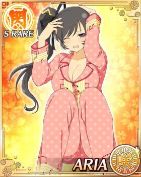 1girl :o aria_(senran_kagura) black_hair black_ribbon border breasts card_(medium) character_name english_text game_cg hair_ribbon headache high_side_ponytail large_breasts long_hair looking_at_viewer official_alternate_costume official_art one_eye_closed pajamas pink_pajamas polka_dot polka_dot_pajamas purple_eyes ribbon senran_kagura senran_kagura_new_wave solo squatting