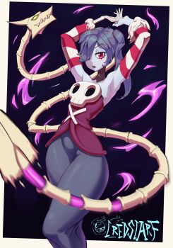 1girl absurdres armpits arms_up artist_name bare_shoulders black_background black_skirt blue_hair blue_skin bone border colored_skin commentary crazyredscarf detached_collar detached_sleeves dress english_commentary fire hair_over_one_eye highres leviathan_(skullgirls) long_hair long_skirt looking_at_viewer motion_blur object_through_head parted_lips pear-shaped_figure purple_fire red_dress red_eyes red_sleeves side_ponytail simple_background skeletal_arm skirt skull skullgirls solo squigly_(skullgirls) stitched_mouth stitches striped_clothes striped_sleeves white_border white_sleeves wide_hips yellow_eyes zombie