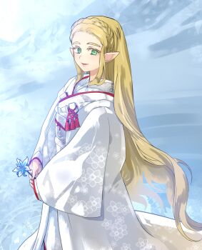 Rule 34 | 1girl, alternate costume, artist name, blonde hair, blue flower, braid, bride, commentary request, crown braid, flower, green eyes, hat, highres, holding, holding flower, japanese clothes, kimono, long hair, looking at viewer, nintendo, parted bangs, pointy ears, princess zelda, sidelocks, silent princess, smile, solo, the legend of zelda, the legend of zelda: breath of the wild, triforce, uchikake, white kimono, wide sleeves, yamiochirink
