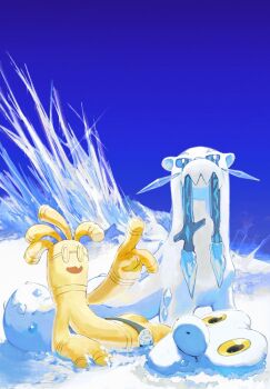 belt blue_sclera blue_sky bright_pupils broken broken_sword broken_weapon chien-pao coin colored_sclera commentary_request fang fangs frigibax gholdengo gold highres ice icicle nintendo no_humans pokemon pokemon_(creature) pokemon_focus pokemon_sv sakuraiisui sky smile snow snow_leopard sword tail tusks weapon weasel white_fur white_pupils yellow_eyes yellow_sclera