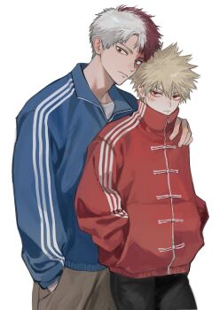 2boys absurdres arm_around_shoulder bakugou_katsuki black_pants blonde_hair blue_eyes blue_jacket boku_no_hero_academia brown_eyes brown_pants burn_scar closed_mouth collar commentary_request crew_neck facial_scar frown hand_in_pocket hands_in_pockets heterochromia highres jacket lidi6 long_sleeves looking_at_viewer looking_to_the_side male_focus multicolored_hair multiple_boys pants red_eyes red_hair red_jacket scar scar_across_eye scar_on_cheek scar_on_face shirt short_hair sideways_glance simple_background spiked_hair split-color_hair standing striped_clothes striped_jacket todoroki_shoto vertical-striped_clothes vertical-striped_jacket white_background white_hair white_shirt zipper zipper_pull_tab