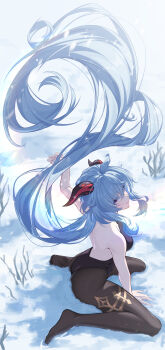 1girl absurdly_long_hair absurdres arm_up ass backless_leotard bare_shoulders binghaiankang black_leotard black_pantyhose blue_hair breasts commentary_request floating_hair full_body ganyu_(genshin_impact) genshin_impact goat_horns highres horns large_breasts leotard long_hair looking_at_viewer no_shoes on_ground outdoors pantyhose purple_eyes sidelocks sitting snow solo very_long_hair wariza