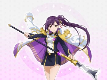 1girl ascot black_jacket black_skirt closed_mouth epaulettes game_cg holding holding_polearm holding_weapon jacket jacket_on_shoulders liu_mei_fan long_hair long_sleeves looking_at_viewer mole mole_under_eye official_art polearm purple_hair red_eyes shoujo_kageki_revue_starlight shoujo_kageki_revue_starlight_-re_live- side_ponytail skirt smile snake_tongue_(polearm) solo standing upper_body very_long_hair weapon white_ascot white_jacket