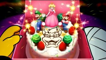 Rule 34 | 1girl, 3boys, bandages, bowser, cake, cake slice, facial hair, food, fruit, hat, holding, holding cake, holding food, luigi, mario, mario &amp; luigi: bowser's inside story, mario &amp; luigi rpg, mario (series), multiple boys, mustache, natsukothemun, nintendo, pastry, pov, princess peach, red hat, strawberry, strawberry cake, strawberry shortcake