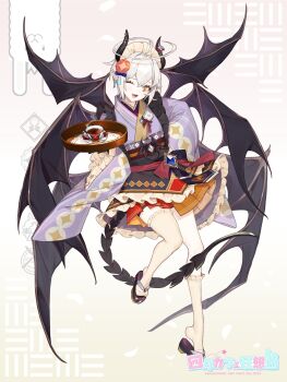 Rule 34 | 1girl, ;d, ahoge, alpaca, alpaca connect, apron, black apron, black bow, black horns, black tail, black wings, bow, brooch, copyright name, cup, demon girl, demon horns, demon tail, demon wings, doily, flower, flower brooch, frilled apron, frilled kimono, frilled sleeves, frilled thighhighs, frills, full body, gradient background, hair between eyes, hair intakes, hair ornament, hand on own hip, hand up, highres, holding, holding tray, horn flower, horns, huge ahoge, japanese clothes, jewelry, kimono, kimono skirt, layered skirt, looking at viewer, maid, maid apron, maid headdress, miniskirt, multiple wings, obi, obiage, obijime, one eye closed, open mouth, orange skirt, pink background, pleated skirt, pointy ears, purple kimono, purple wings, red bow, red skirt, sandals, sash, saucer, shichimi, shippou (pattern), shoe dangle, skirt, smile, solo, standing, standing on one leg, steaming cup, tail, tassel, tassel hair ornament, tea, teacup, thigh strap, thighhighs, tray, two-tone bow, two-tone skirt, wa maid, waist bow, white thighhighs, wide sleeves, wings, yellow background, zouri