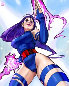 1girl arm_blade belt blue_bridal_gauntlets blue_leotard blue_thighhighs breasts bridal_gauntlets clenched_hand covered_navel cowboy_shot elbow_gloves energy_blade fighting_stance from_below gloves hands_up highres large_breasts leotard lipstick long_hair looking_at_viewer looking_down makeup marvel marvel_vs._capcom marvel_vs._capcom_2 overlord_jc parted_lips pink_lips psylocke purple_eyes purple_hair red_belt solo superhero_costume thighhighs torn_clothes torn_thighhighs weapon x-men