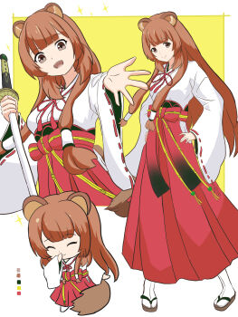 1girl :d absurdres alternate_eye_color amused animal_ear_fluff animal_ears blunt_bangs border breasts brown_eyes brown_hair chibi closed_eyes closed_mouth color_guide commentary_request full_body hair_tubes hakama hakama_skirt highres holding holding_sword holding_weapon japanese_clothes katana kazgon_inquier kosode long_hair looking_at_viewer medium_breasts miko multiple_views official_alternate_costume okobo open_mouth outside_border platform_sandals raccoon_ears raccoon_girl raccoon_tail raphtalia red_hakama red_ribbon red_skirt ribbon ribbon-trimmed_sleeves ribbon_trim sandals skirt smile socks sparkle sword tabi tail tate_no_yuusha_no_nariagari two-tone_background upper_body weapon white_background white_border white_kosode white_socks wide_sleeves yellow_background