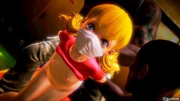 1girl 2boys 3d age_difference arms_behind_back bent_over blonde_hair blue_eyes bottomless cloth_gag clothes_lift dark-skinned_male dark_skin dic_entertainment dutch_angle eyelashes flat_chest gag gagged hanzohatori hetero improvised_gag indoors inspector_gadget interracial legs_together locker locker_room loli looking_at_viewer mask mouth_mask multiple_boys nipples over_the_nose_gag panties penny_(inspector_gadget) red_shirt restrained shirt shirt_lift short_sleeves small_areolae small_nipples solo_focus t-shirt tearing_up tears twintails underwear