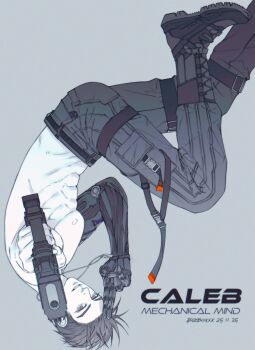 absurdres aiming aiming_at_viewer artist_name bizboxxx black_boots black_hair black_pants boots caleb_(love_and_deepspace) character_name dated dog_tags foot_out_of_frame grey_background gun highres holding holding_gun holding_weapon love_and_deepspace mechanical_arms pants parted_lips salute short_hair single_mechanical_arm topless_male upside-down weapon