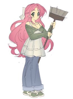 1girl bare_shoulders blue_pants bow breasts broom cleavage closed_mouth crop_top dress green_eyes green_shirt green_shoes hair_bow hair_ornament hairclip holding holding_broom long_hair looking_at_viewer medium_breasts momone_momo o3o off-shoulder_shirt off_shoulder pants pink_hair shirt shoes simple_background sketch solo thick_eyebrows treebarkagain utau white_background white_bow white_dress