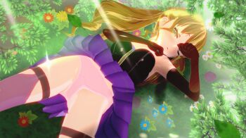 1girl 3d accidental_exposure black_corset blonde_hair code_vein corset dress field flower flower_field gloves green_eyes koikatsu lying mia_karnstein on_back panties pantyshot petite pink_panties purple_dress rubbing_eye solo thatdude thighhighs underwear upskirt waking_up