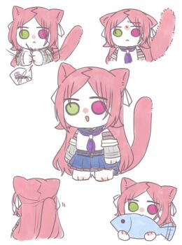 1girl :&lt; afterimage animal animal_ears animal_hands arms_at_sides assault_lily belt black_belt black_shirt blue_sailor_collar blue_skirt boots bug cat_ears cat_girl cat_paws cat_tail chibi closed_mouth crop_top cropped_arms cropped_torso detached_sleeves eating facing_away fish fly from_behind full_body green_eyes hair_ribbon hands_up heterochromia holding holding_animal holding_fish insect kemonomimi_mode layered_sleeves long_hair long_sleeves looking_at_viewer miniskirt motion_lines multiple_views neckerchief nigari_(ngari_0115) odaiba_girls_high_school_uniform open_mouth own_hands_together parted_bangs paw_shoes pleated_skirt purple_neckerchief red_eyes red_hair ribbon sailor_collar school_uniform serafuku shiba_tomoshibi shirt skirt smile solid_eyes speech_bubble speed_lines spoken_animal standing tail tail_raised undershirt upper_body white_boots white_ribbon white_shirt