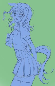 1girl animal_ears cowboy_shot green_background highres horse_ears horse_girl horse_tail king_halo_(umamusume) looking_at_viewer lut01 puffy_short_sleeves puffy_sleeves school_uniform short_sleeves tail thighhighs tracen_school_uniform umamusume