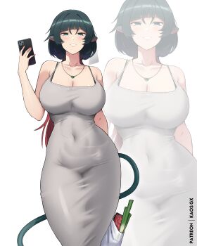 1girl absurdres animal_ears bag bare_arms bare_shoulders blush bra_strap breasts cellphone commentary covered_navel cowboy_shot dongtan_dress dress food green_eyes green_hair grey_dress grin hand_up heart heart_necklace highres holding holding_phone jane_doe_(zenless_zone_zero) jewelry kaos_art large_breasts long_hair looking_at_viewer meat mouse_ears mouse_girl mouse_tail nail_polish necklace paid_reward_available patreon_username phone plastic_bag red_hair red_nails sleeveless sleeveless_dress smartphone smile spring_onion standing tail taut_clothes taut_dress very_long_fingernails zenless_zone_zero zoom_layer