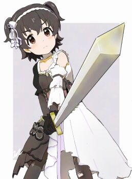 &gt;:( 1girl aayh akagi_miria asymmetrical_clothes black_gloves black_hair blush border bow brown_dress brown_eyes brown_pantyhose closed_mouth commentary_request dress frown gloves grey_background hairband holding holding_sword holding_weapon idolmaster idolmaster_cinderella_girls pantyhose puffy_short_sleeves puffy_sleeves short_sleeves solo standing sword torn_clothes torn_pantyhose two_side_up v-shaped_eyebrows weapon white_border white_bow white_dress white_hairband