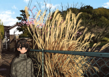 1girl black_hair blush chain-link_fence closed_mouth commentary_request day fence grass green_jacket grey_eyes highres house jacket medium_hair original outdoors path power_lines road scenery solo tall_grass town tree turtleneck turtleneck_jacket uniunimikan upper_body utility_pole